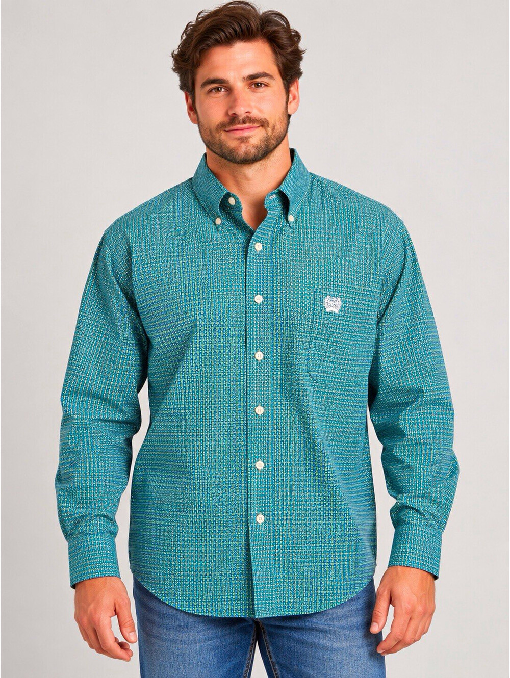 Cinch Men’s L Green/Blue Geometric Woven Button-Down Long Sleeve Shirt